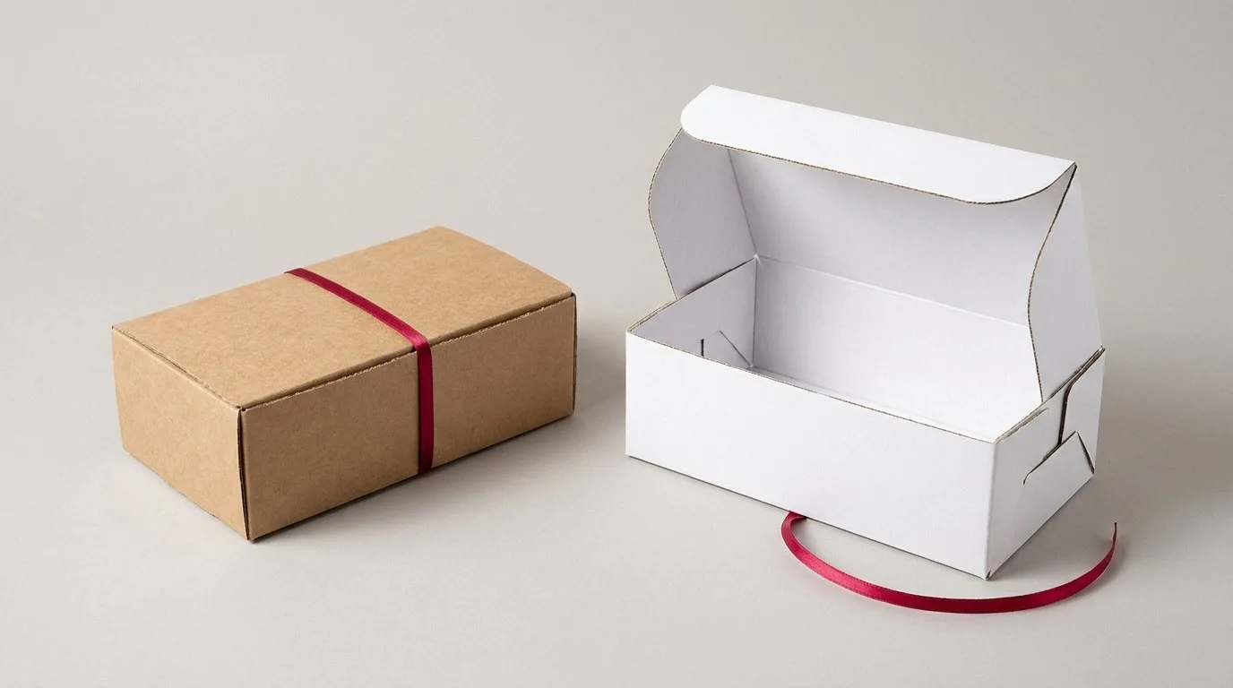 Custom Choux Boxes, closed and open view in natural kraft and white, bulk and wholesale with no minimum order