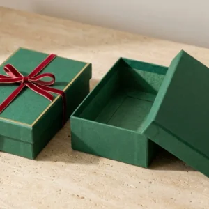 Custom Christmas Gift Boxes, closed and open view in deep emerald green, bulk and wholesale with no minimum order