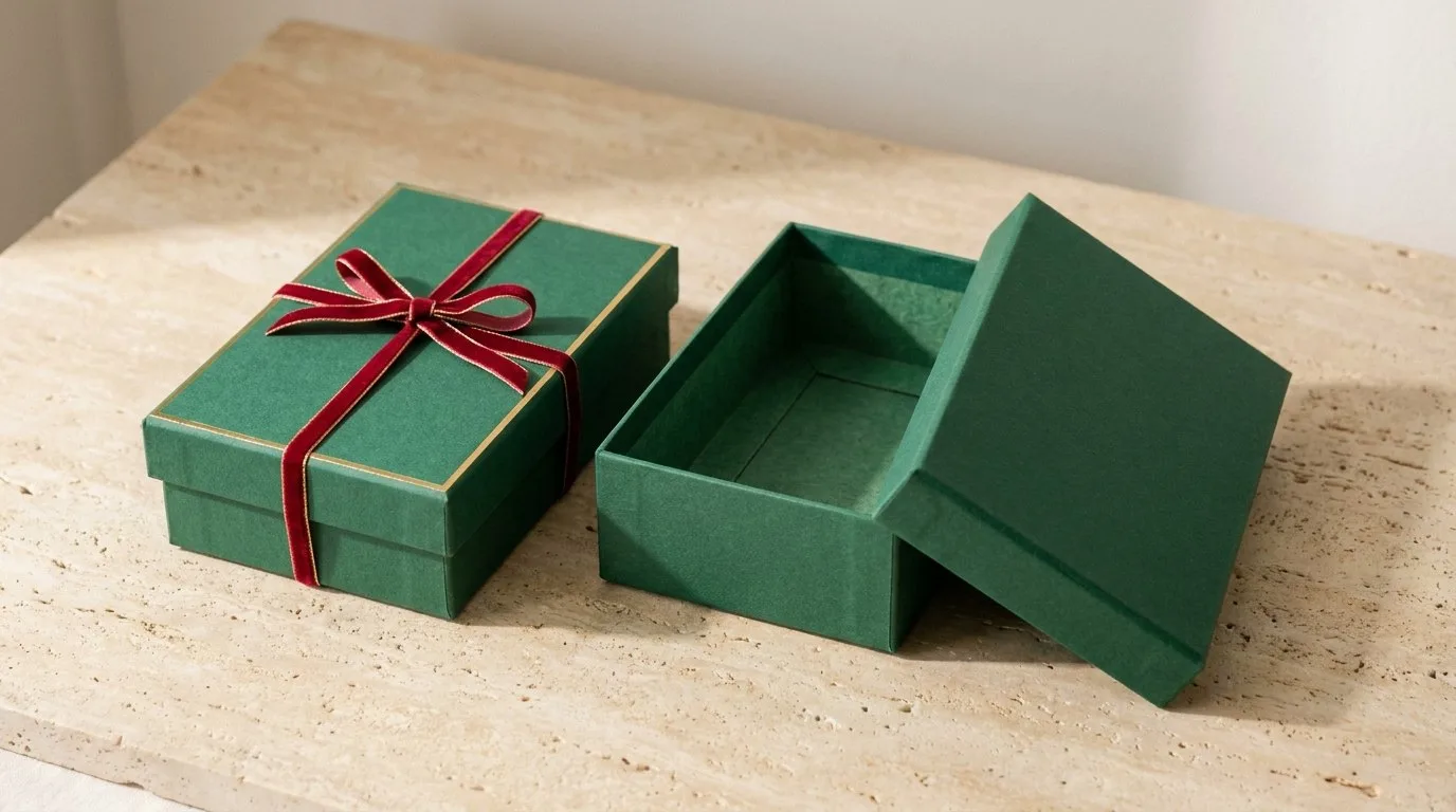 Custom Christmas Gift Boxes, closed and open view in deep emerald green, bulk and wholesale with no minimum order