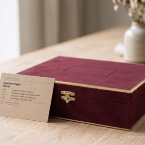 Custom cigar box in oxblood with a brass edge line and front clasp closure, next to a kraft spec card listing board, print and shipping options.