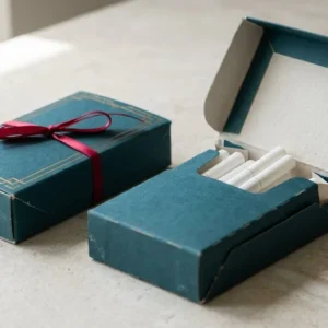 Custom Cigarette Carton, closed and open view in deep teal, bulk and wholesale with no minimum order