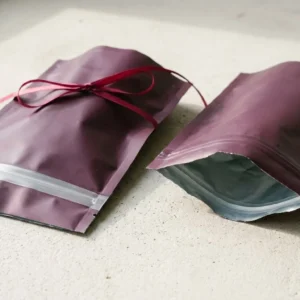 Custom Clear Mylar Bags, closed and open view in deep plum, bulk and wholesale with no minimum order