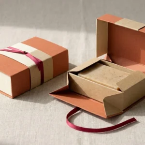 Custom Clear Soap Boxes, closed and open view in warm terracotta, bulk and wholesale with no minimum order