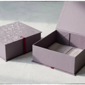 Custom Clothing Christmas Boxes, closed and open view in dusty lavender, bulk and wholesale with no minimum order