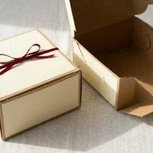 Custom Collapsible Bakery Boxes, closed and open view in butter cream, bulk and wholesale with no minimum order