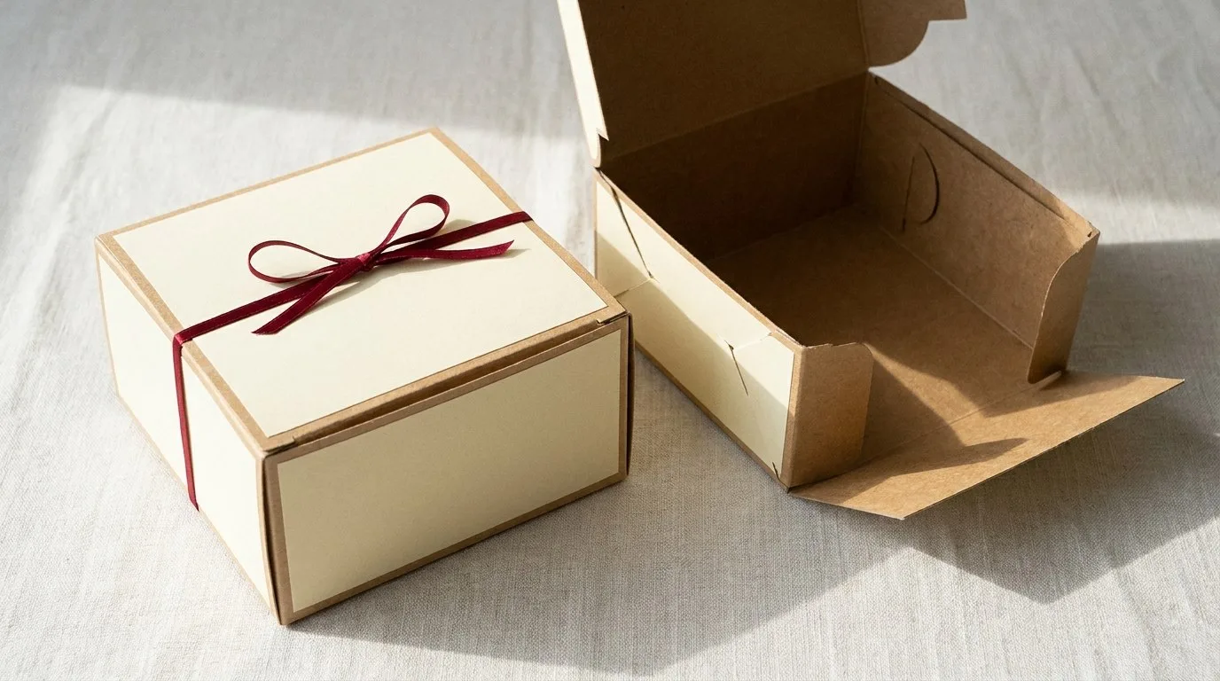 Custom Collapsible Bakery Boxes, closed and open view in butter cream, bulk and wholesale with no minimum order