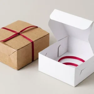 Custom Collapsible Boxes, closed and open view in natural kraft and white, bulk and wholesale with no minimum order