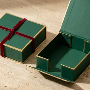 Custom Collapsible Rigid Boxes, closed and open view in deep emerald green, bulk and wholesale with no minimum order