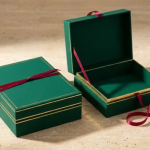 Custom Collectible Boxes, closed and open view in deep emerald green, bulk and wholesale with no minimum order