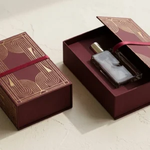 Custom Cologne Boxes, closed and open view in oxblood burgundy, bulk and wholesale with no minimum order