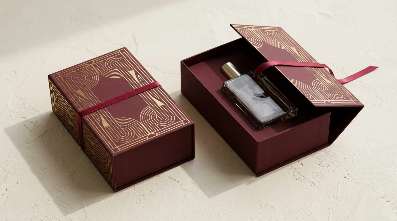 Custom Cologne Boxes, closed and open view in oxblood burgundy, bulk and wholesale with no minimum order