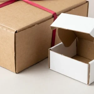Custom Colored Boxes, closed and open view in natural kraft and white, bulk and wholesale with no minimum order