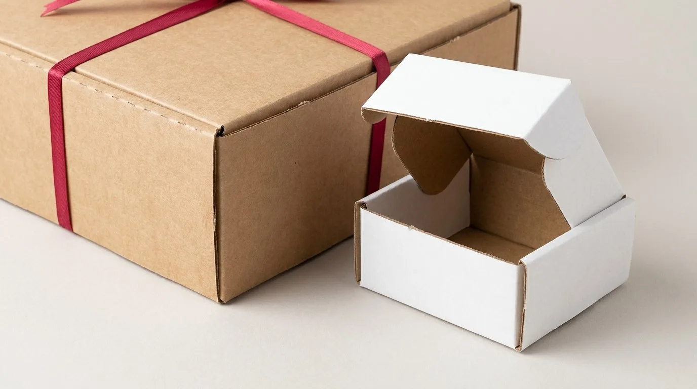 Custom Colored Boxes, closed and open view in natural kraft and white, bulk and wholesale with no minimum order