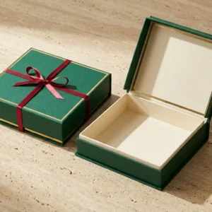 Custom Consumer Gift Boxes, closed and open view in deep emerald green, bulk and wholesale with no minimum order