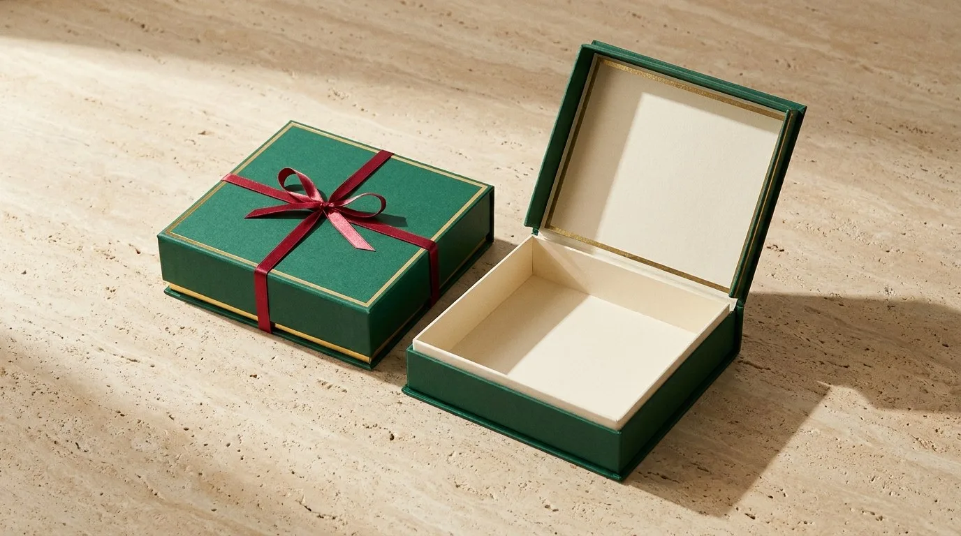 Custom Consumer Gift Boxes, closed and open view in deep emerald green, bulk and wholesale with no minimum order