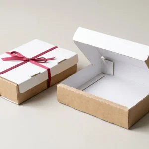 Custom Consumer Tray Box, closed and open view in natural kraft and white, bulk and wholesale with no minimum order