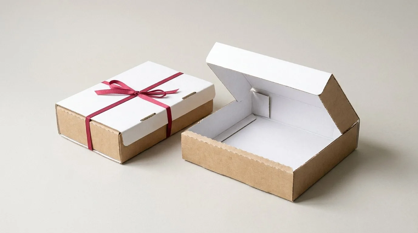 Custom Consumer Tray Box, closed and open view in natural kraft and white, bulk and wholesale with no minimum order
