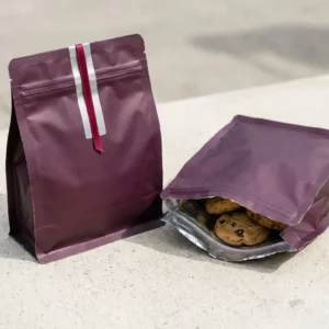 Custom Cookie Weed Bags, closed and open view in deep plum, bulk and wholesale with no minimum order