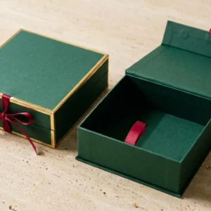 Custom Corporate Gift Boxes, closed and open view in deep emerald green, bulk and wholesale with no minimum order