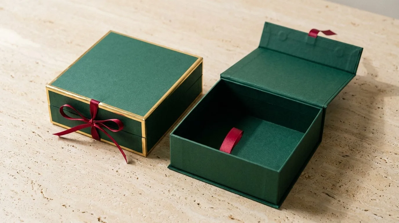 Custom Corporate Gift Boxes, closed and open view in deep emerald green, bulk and wholesale with no minimum order