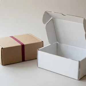 Custom Corrugated Boxes, closed and open view in natural kraft and white, bulk and wholesale with no minimum order