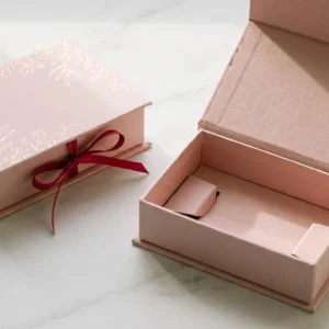 Custom Cosmetic Cardboard Boxes, closed and open view in soft blush pink, bulk and wholesale with no minimum order