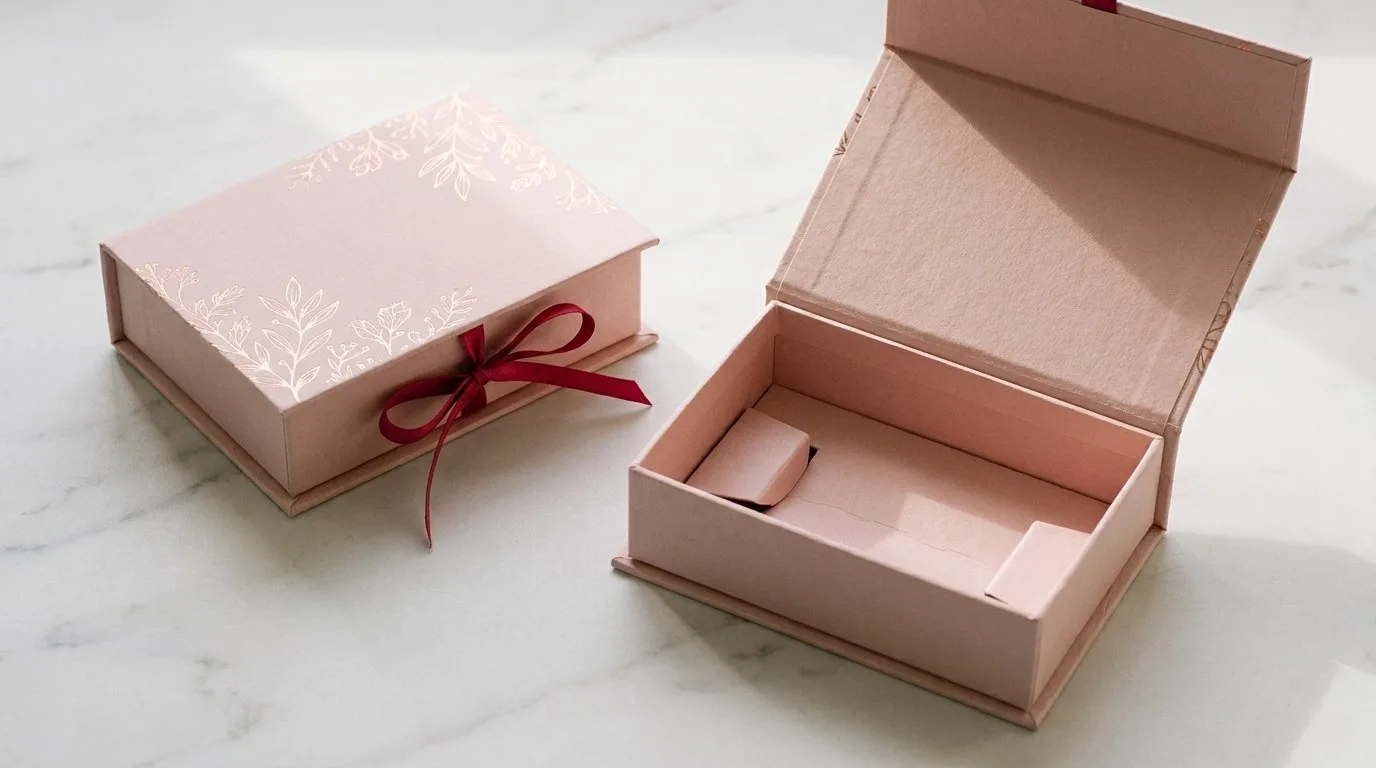 Custom Cosmetic Cardboard Boxes, closed and open view in soft blush pink, bulk and wholesale with no minimum order