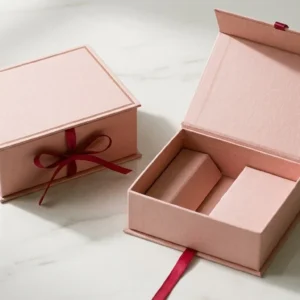 Custom Cosmetic Display Boxes, closed and open view in soft blush pink, bulk and wholesale with no minimum order