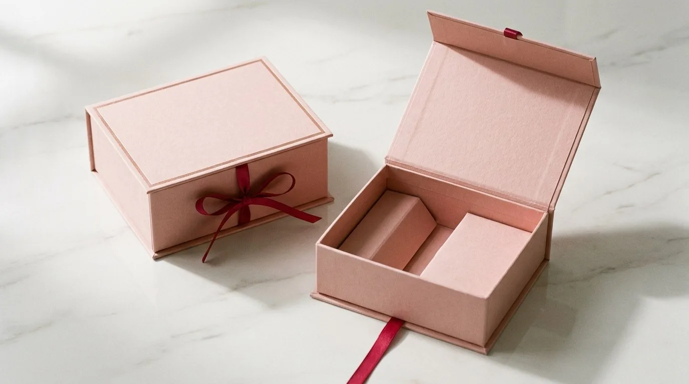 Custom Cosmetic Display Boxes, closed and open view in soft blush pink, bulk and wholesale with no minimum order