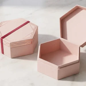Custom Cosmetic Hexagon Boxes, closed and open view in soft blush pink, bulk and wholesale with no minimum order