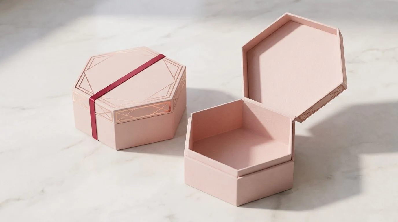 Custom Cosmetic Hexagon Boxes, closed and open view in soft blush pink, bulk and wholesale with no minimum order
