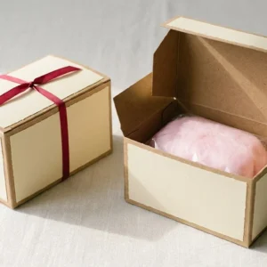 Custom Cotton Candy Packaging, closed and open view in butter cream, bulk and wholesale with no minimum order