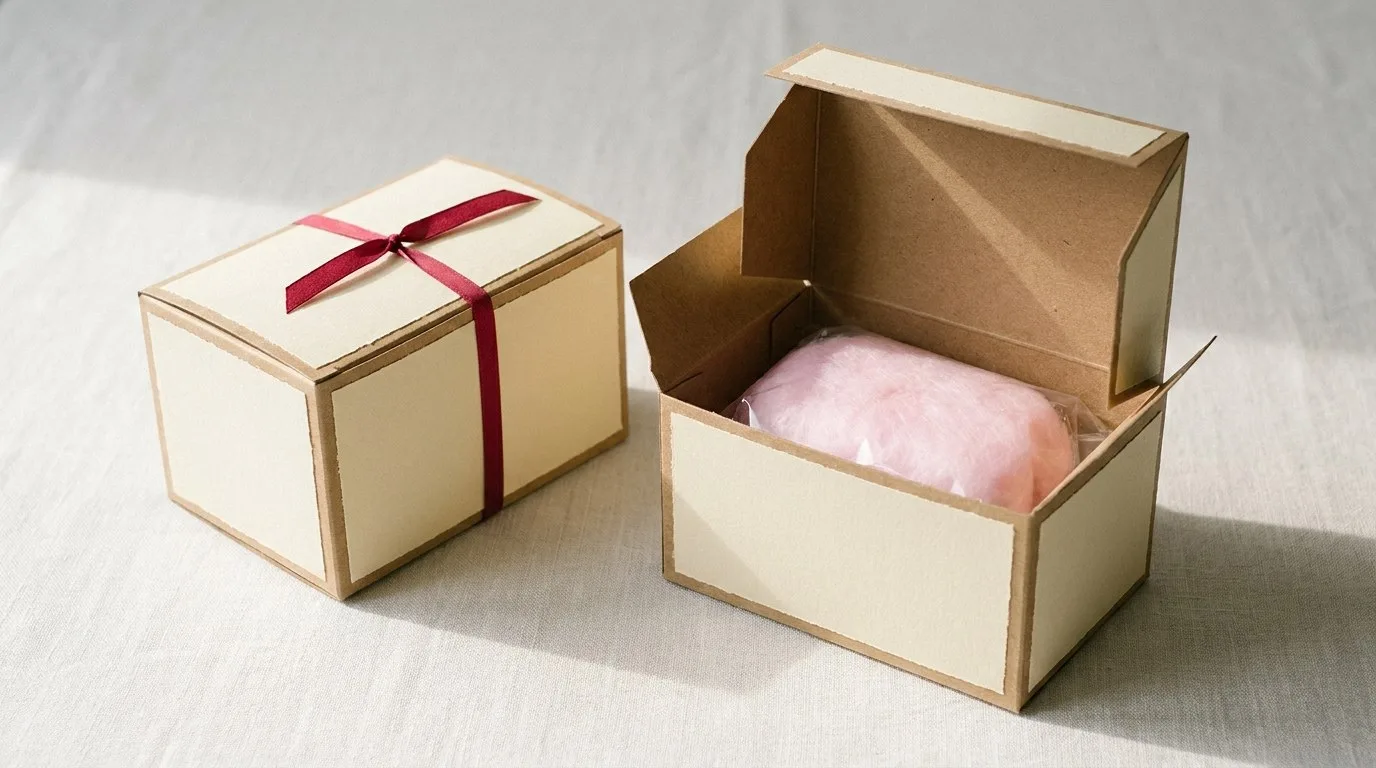 Custom Cotton Candy Packaging, closed and open view in butter cream, bulk and wholesale with no minimum order