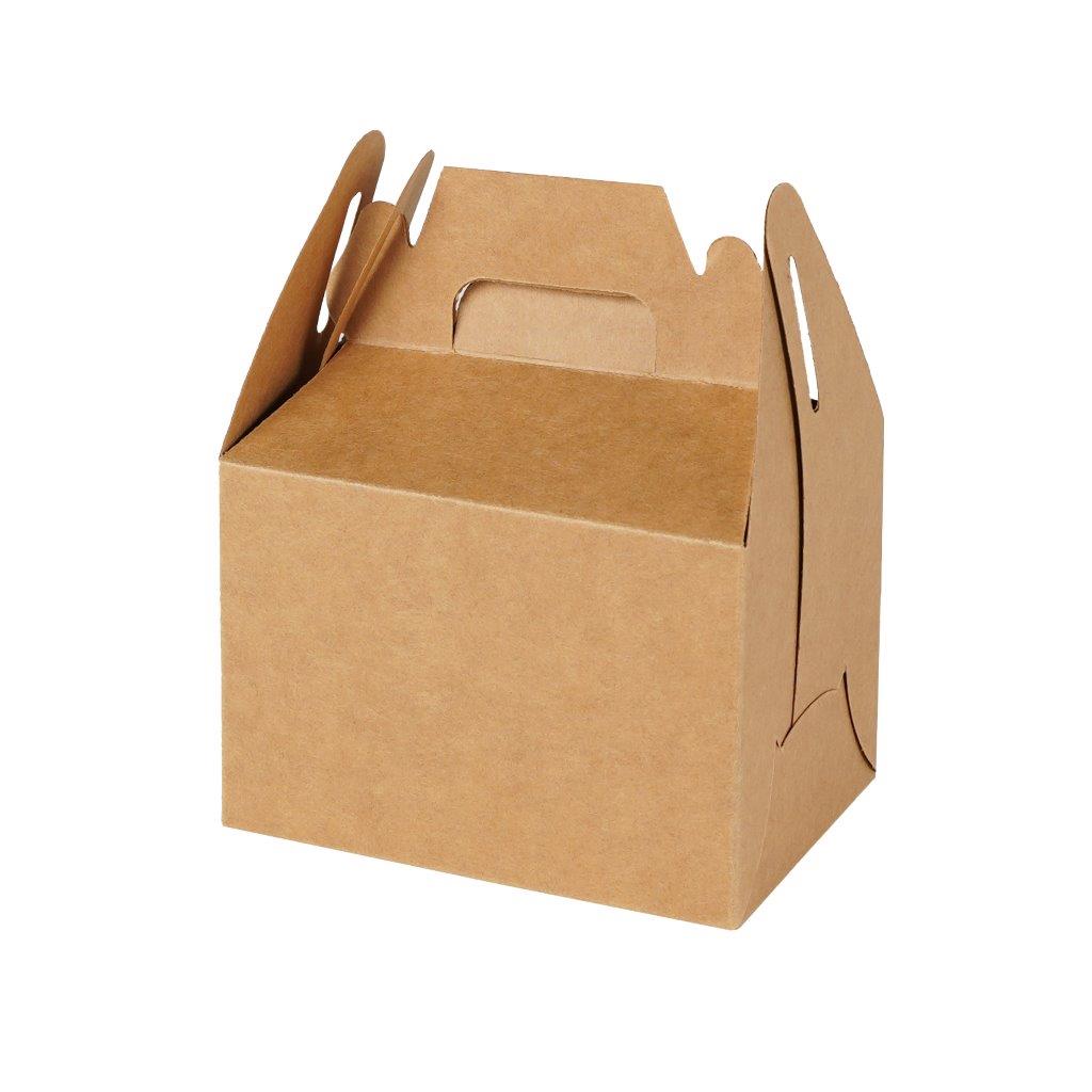 Custom craft box in plain kraft with a die cut carry handle and a gable shaped top.