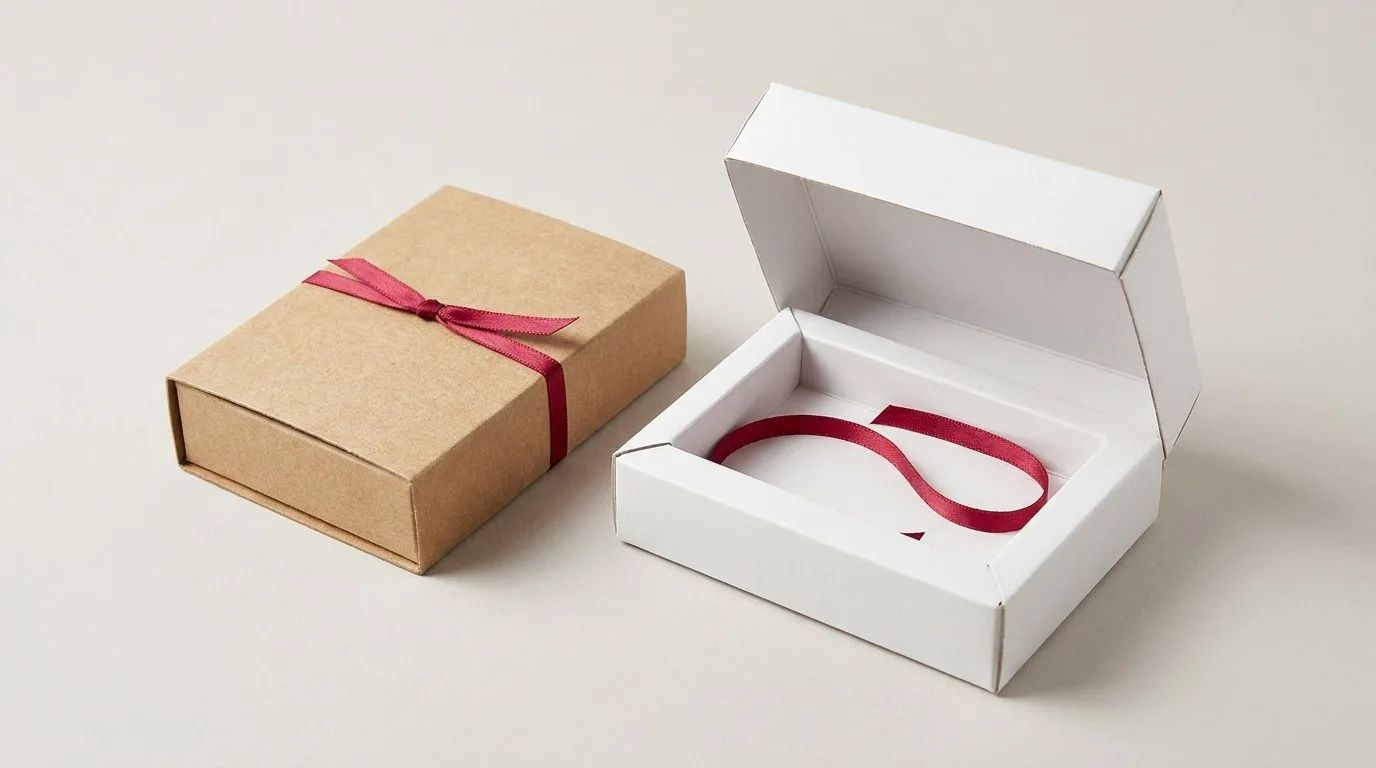 Custom Credit Card Boxes, closed and open view in natural kraft and white, bulk and wholesale with no minimum order