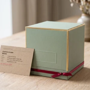 Custom cube box in sage green with gold edge trim and a lift off lid, next to a kraft spec card listing board, print and shipping options.