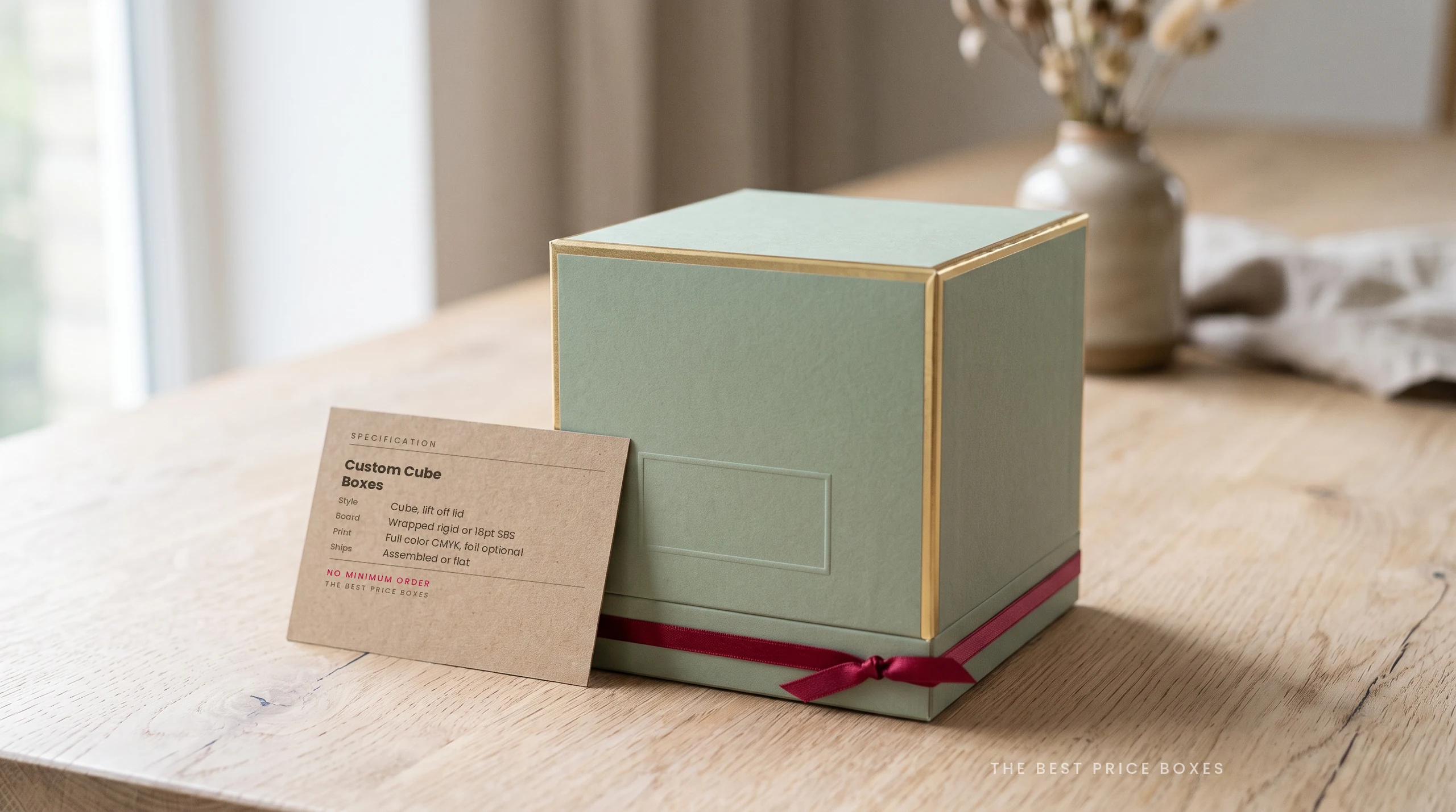 Custom cube box in sage green with gold edge trim and a lift off lid, next to a kraft spec card listing board, print and shipping options.