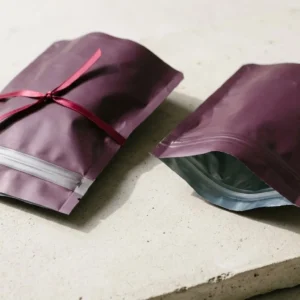 Custom Delta-8 Mylar packaging, closed and open view in deep plum, bulk and wholesale with no minimum order