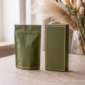 Custom delta 9 packaging in deep olive: a stand up mylar pouch with a resealable zipper standing beside a slim tuck end carton with a gold foil border.