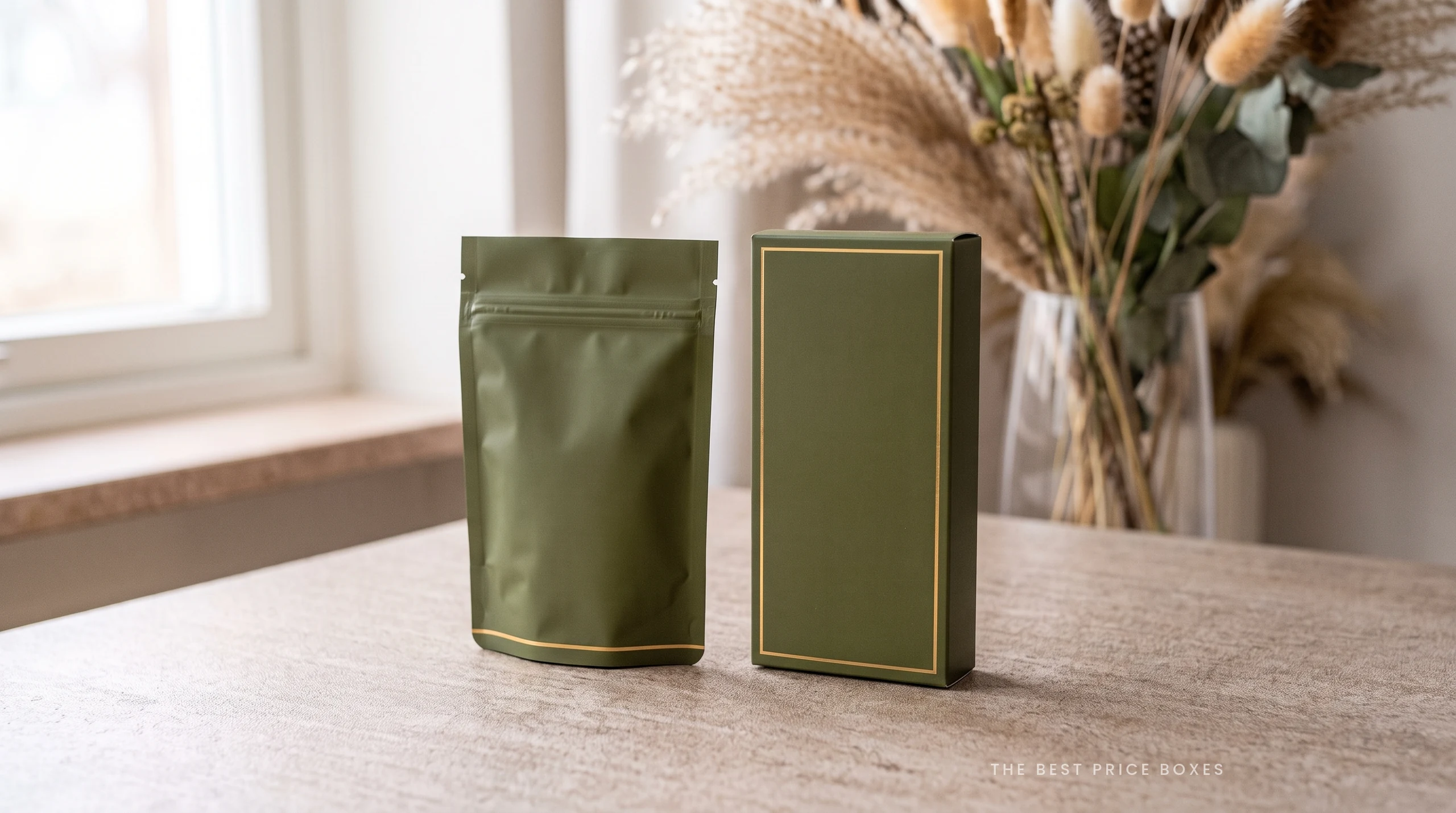 Custom delta 9 packaging in deep olive: a stand up mylar pouch with a resealable zipper standing beside a slim tuck end carton with a gold foil border.