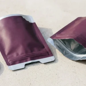 Custom Die Cut Mylar Bags, closed and open view in deep plum, bulk and wholesale with no minimum order
