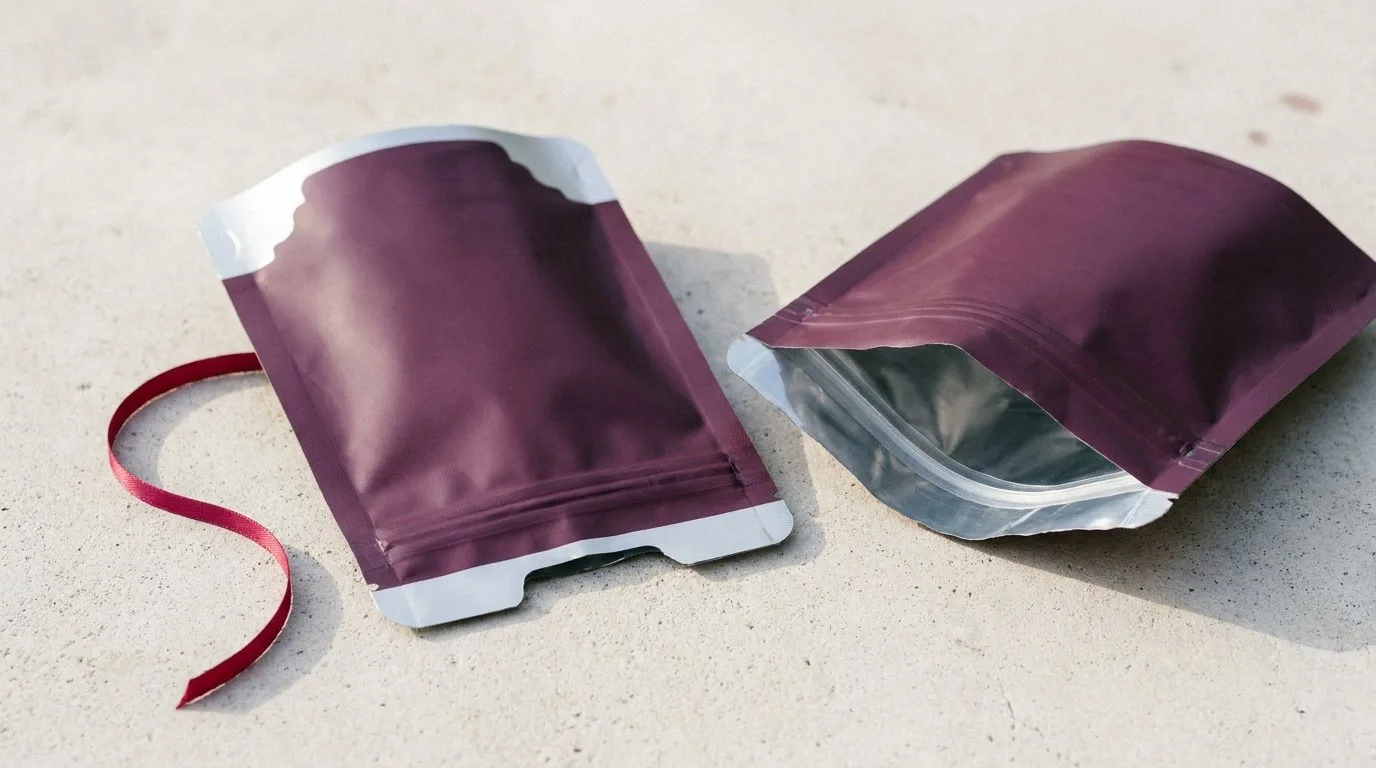 Custom Die Cut Mylar Bags, closed and open view in deep plum, bulk and wholesale with no minimum order