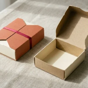 Custom Die Cut Soap Boxes, closed and open view in warm terracotta, bulk and wholesale with no minimum order
