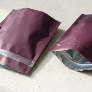 Custom Dispensary Mylar Bags, closed and open view in deep plum, bulk and wholesale with no minimum order