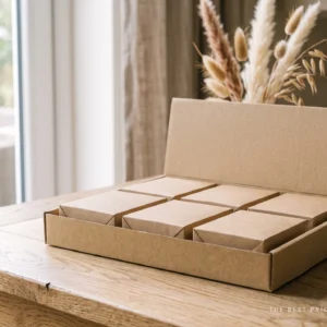 Custom display lid box in kraft with the lid folded up at the back to stand as a display header, holding six small kraft cartons lying flat in the tray.