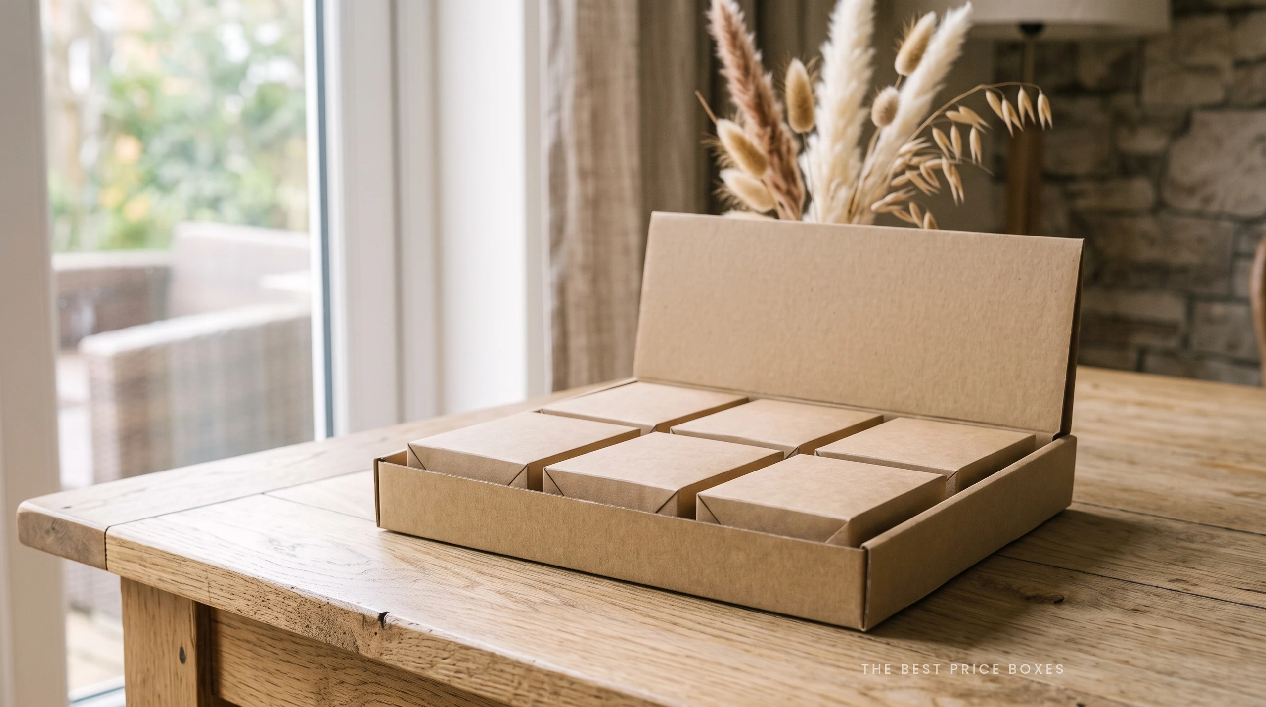 Custom display lid box in kraft with the lid folded up at the back to stand as a display header, holding six small kraft cartons lying flat in the tray.