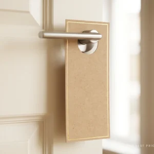 Custom kraft door hanger with a gold foil border and a round die cut hole, hanging on the lever handle of a pale painted door.