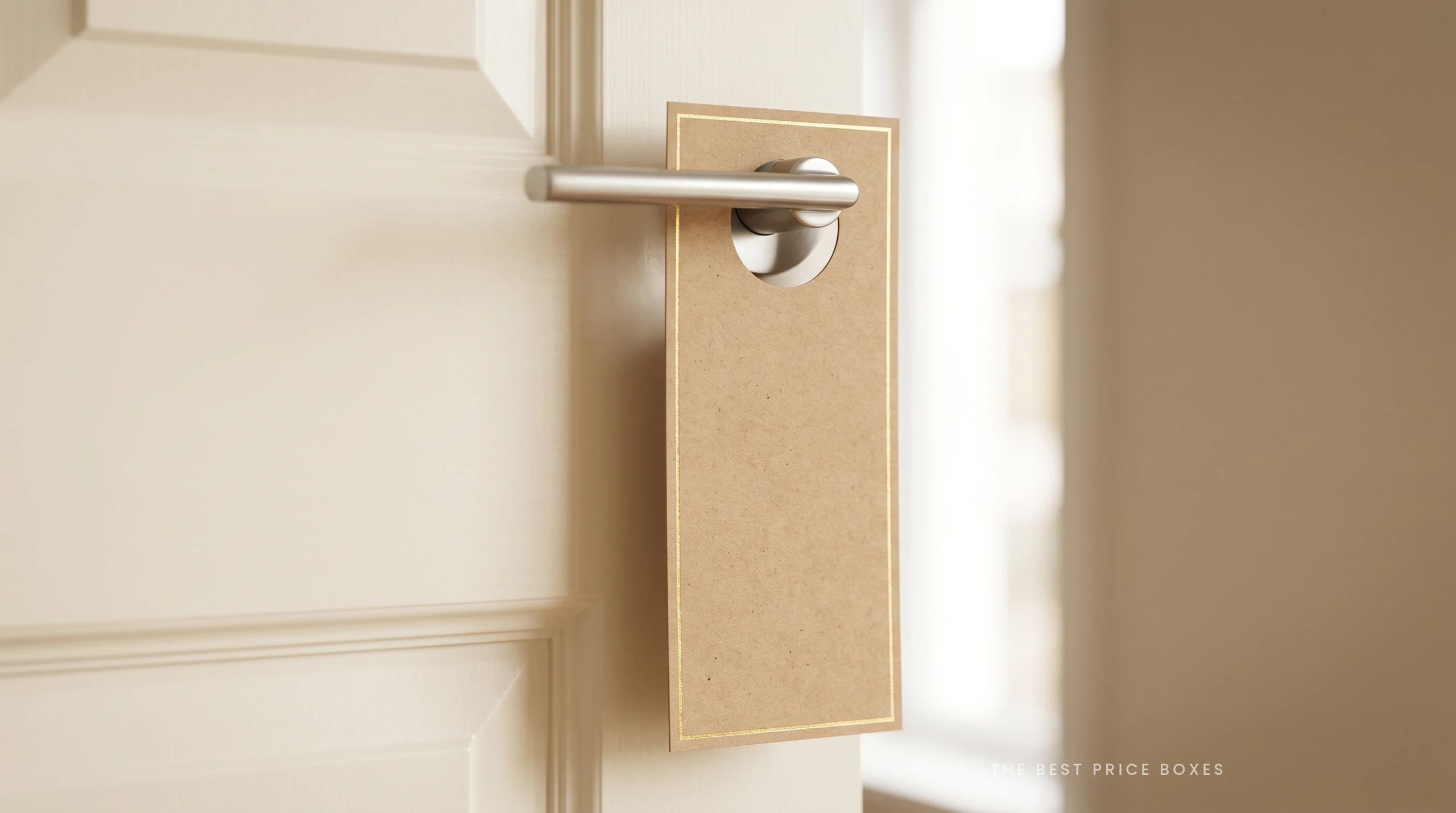 Custom kraft door hanger with a gold foil border and a round die cut hole, hanging on the lever handle of a pale painted door.