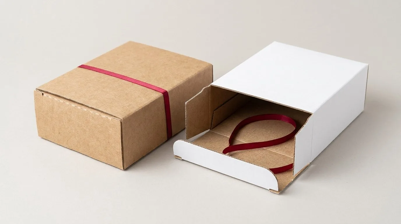 Custom Double Wall Tuck Top Boxes, closed and open view in natural kraft and white, bulk and wholesale with no minimum order