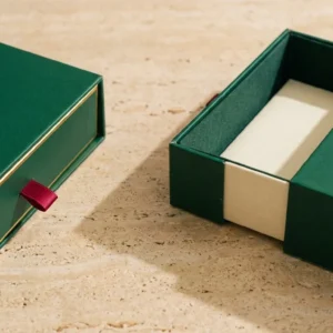 Custom Drawer Boxes, closed and open view in deep emerald green, bulk and wholesale with no minimum order